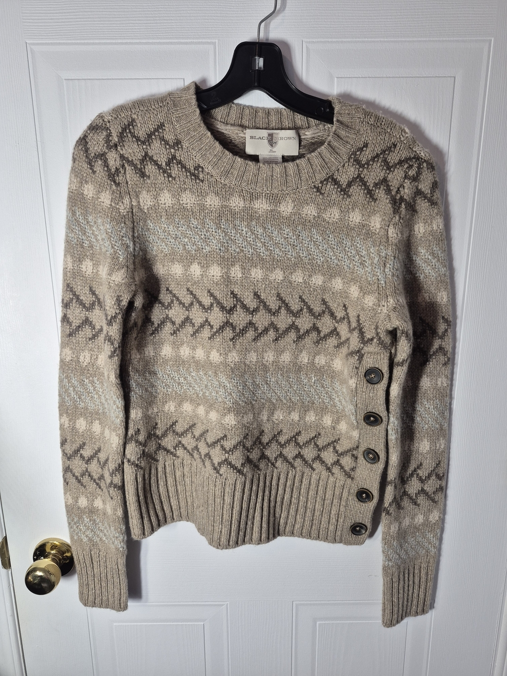 Black Brown 1826 100% Cashmere Fair Isle Side Button Knit Sweater Tan Cream S